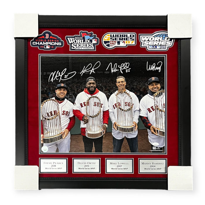 David Ortiz, Manny Ramirez, Mike Lowell & Steve Pearce Boston Red Sox Autographed 16x20 Photo Framed to 26x27 JSA