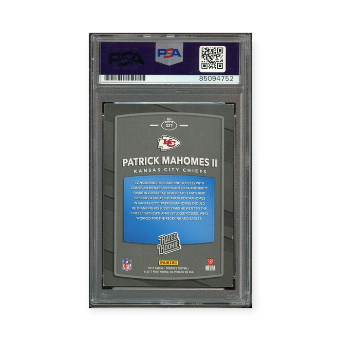 Patrick Mahomes On Card Autographed 2017 Panini Donruss Rated Rookie Blue Ink PSA 10 Auto Grade