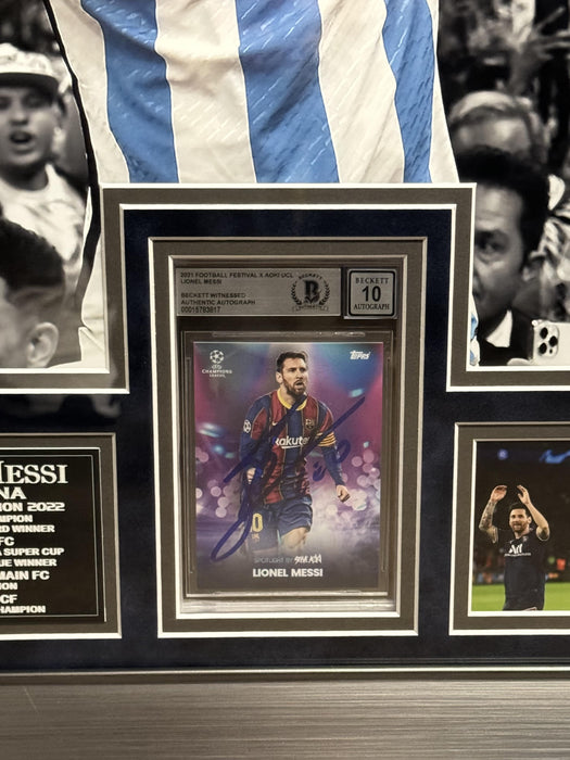 Lionel Messi Autographed 2021 Topps Football Festival Steve Aoki UEFA Champions League Card Collage Framed To 23×27 Beckett 10 Auto
