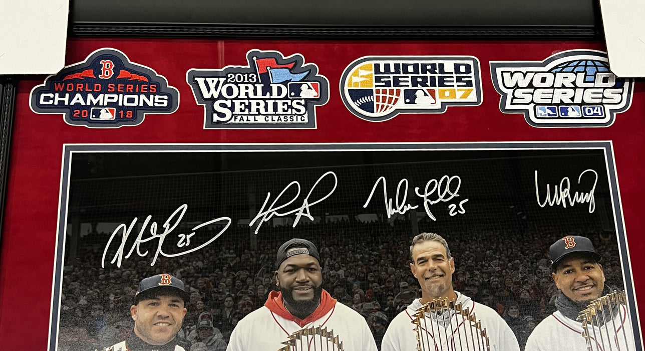David Ortiz, Manny Ramirez, Mike Lowell & Steve Pearce Boston Red Sox Autographed 16x20 Photo Framed to 26x27 JSA