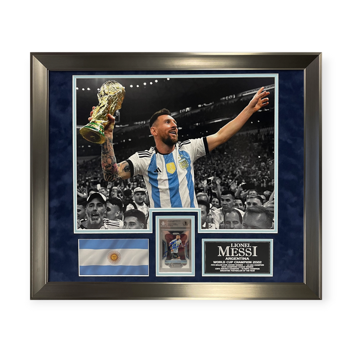 Lionel Messi Autographed Argentina World Cup Card Collage Framed To 23×27 Beckett