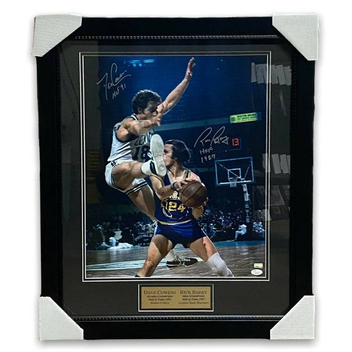 Dave Cowens & Rick Barry Autographed 16x20 Photo Framed to 23x27 JSA