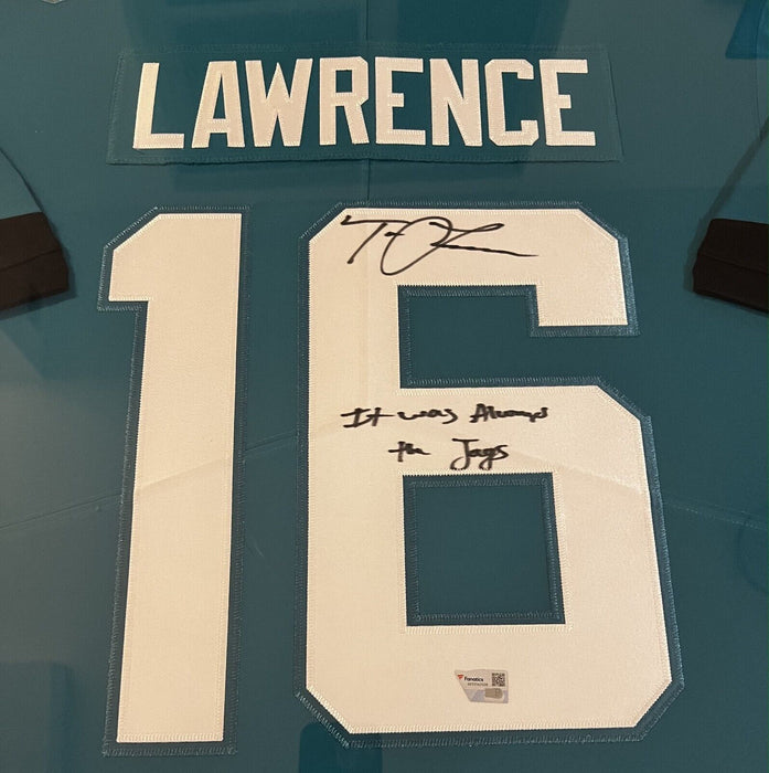 Trevor Lawrence Jacksonville Jaguars Autographed Jersey Framed to 32x40 w/ Inscription Fanatics