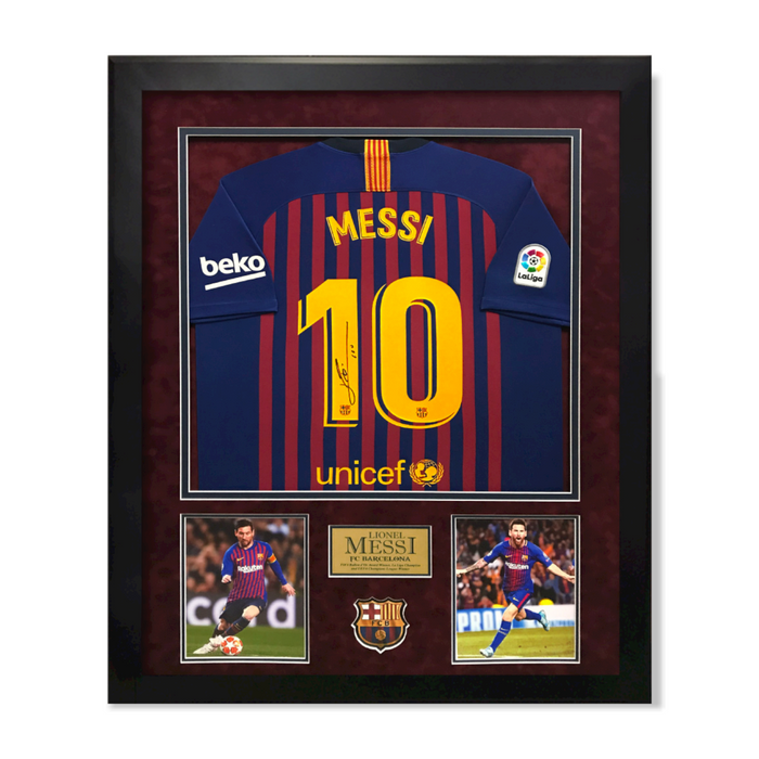 Lionel Messi Autographed Barcelona Jersey Framed to 32x40 Icons