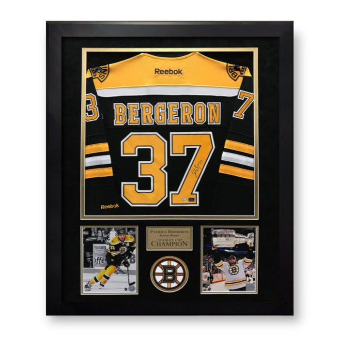 Patrice Bergeron Boston Bruins Autographed Jersey Framed to 32x40 NEP