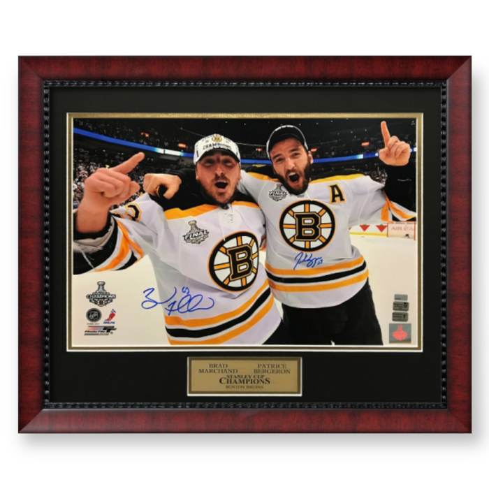 Brad Marchand & Patrice Bergeron Boston Bruins Autographed 16x20 Photo Framed to 23x27 NEP