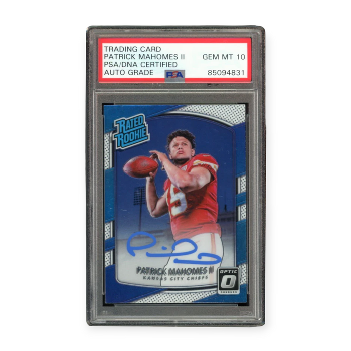 Patrick Mahomes On Card Autographed 2017 Panini Donruss Optic Rated Rookie Blue Ink PSA 10 Auto Grade