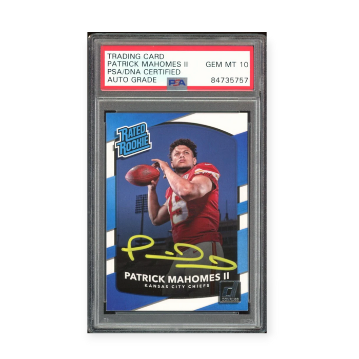 Patrick Mahomes On Card Autographed 2017 Panini Donruss Rated Rookie Yellow Ink PSA 10 Auto Grade