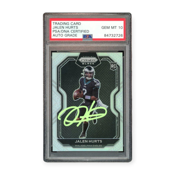 Jalen Hurts On Card 2020 Panini Prizm Black Silver Rookie RC PSA 10 Auto Grade Gem Mint