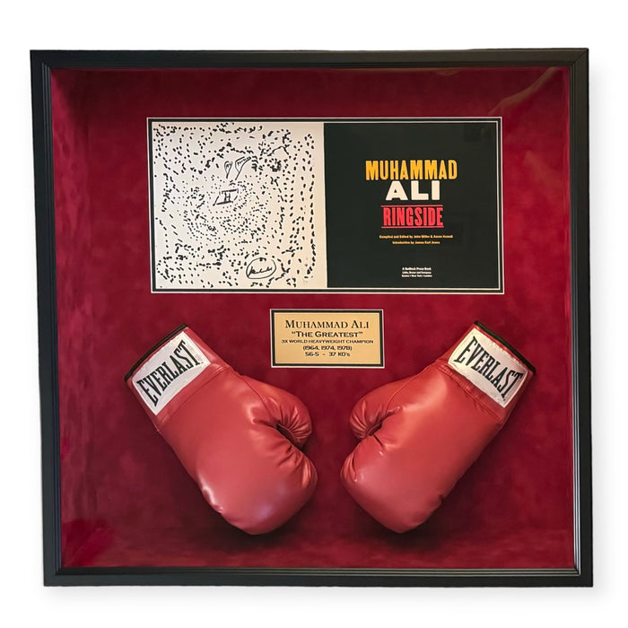 Muhammad Ali Autographed + Hand Drawn Boxing Ring Art From Ringside Book w/ Gloves Shadow Box Framed JSA