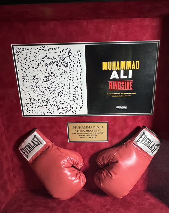 Muhammad Ali Autographed + Hand Drawn Boxing Ring Art From Ringside Book w/ Gloves Shadow Box Framed JSA