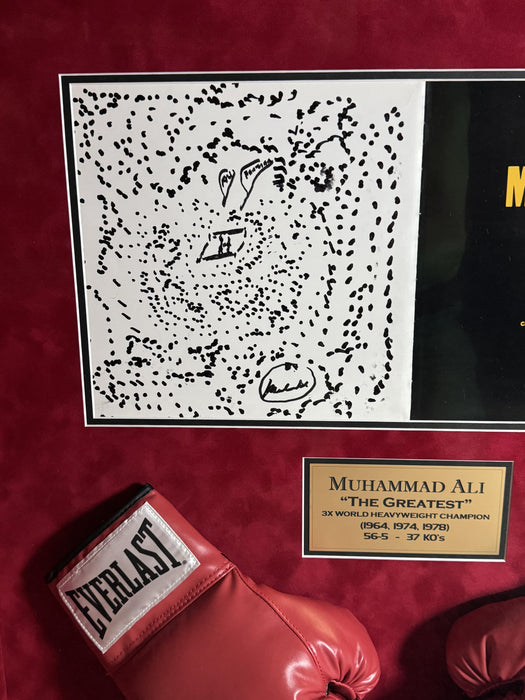 Muhammad Ali Autographed + Hand Drawn Boxing Ring Art From Ringside Book w/ Gloves Shadow Box Framed JSA