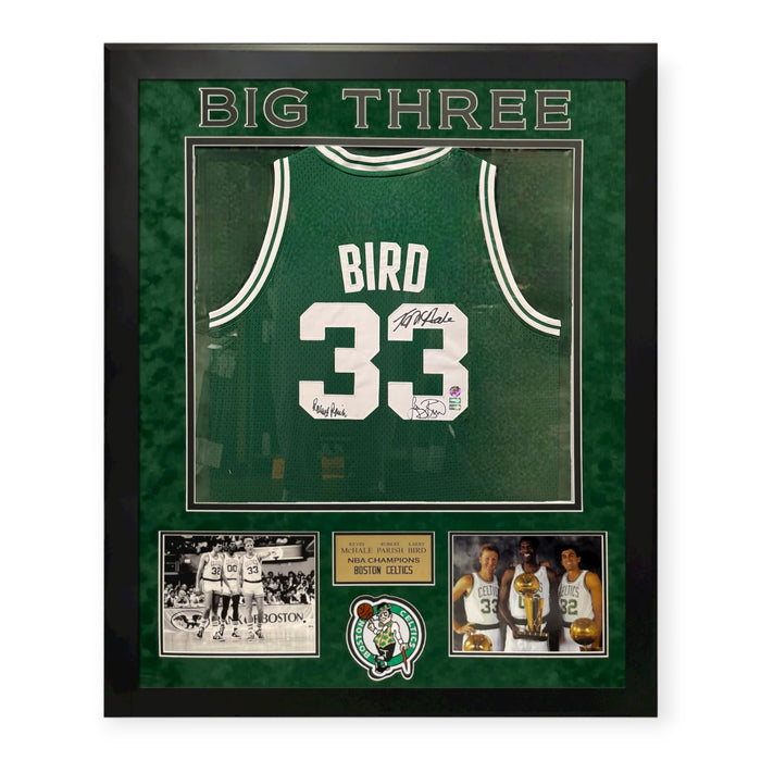 Larry Bird, Kevin Mchale & Robert Parish Celtics Autographed Jersey Framed to 32x40