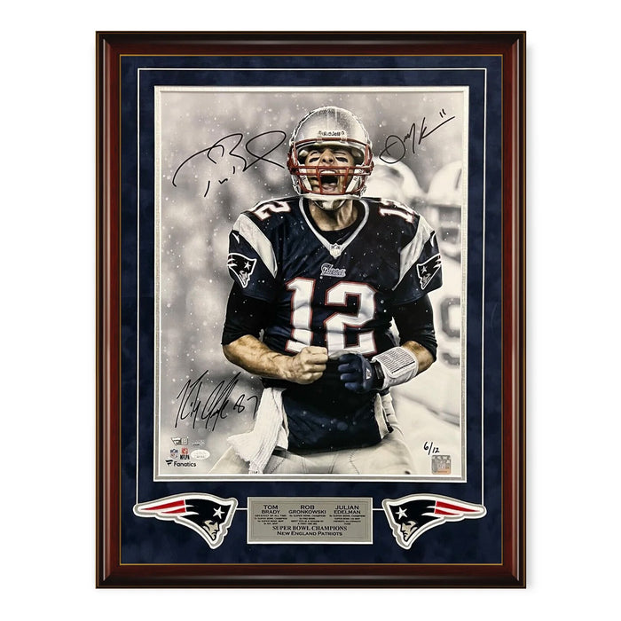 Tom Brady, Julian Edelman & Rob Gronkowski Patriots Autographed Framed Photograph LE #/12 Fanatics