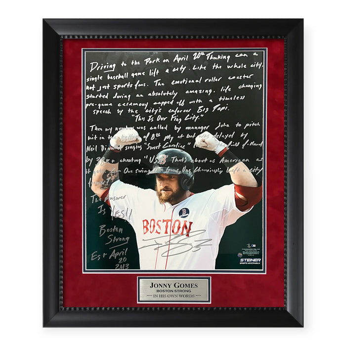 Jonny Gomes Boston Red Sox Autographed & Story Inscribed 16x20 Photo Framed to 23x27 Steiner