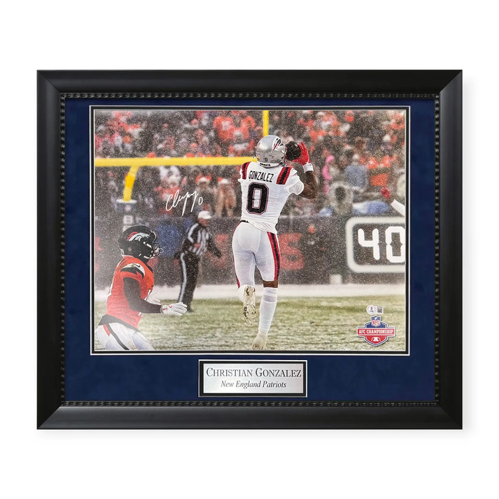 Christian Gonzalez New England Patriots Autographed 16x20 Photo Framed to 23x27 Beckett