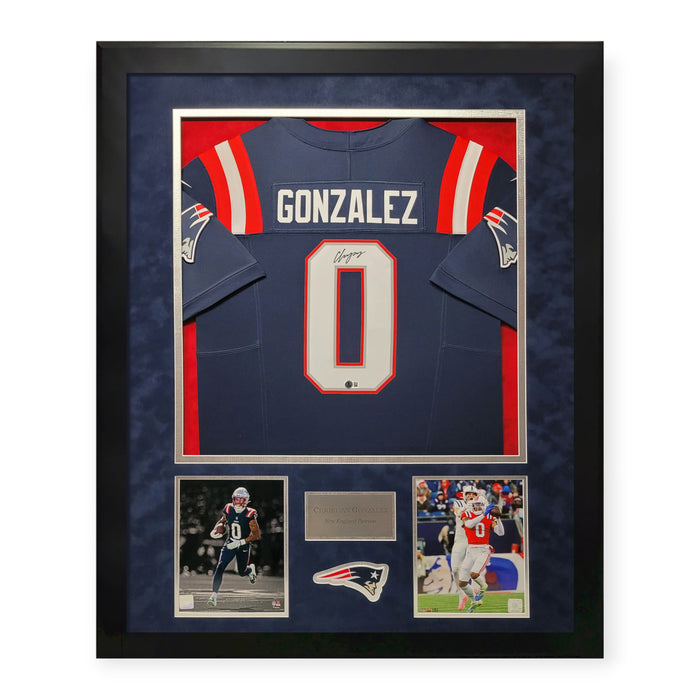 Christian Gonzalez New England Patriots Autographed Jersey Framed to 32x40 Beckett