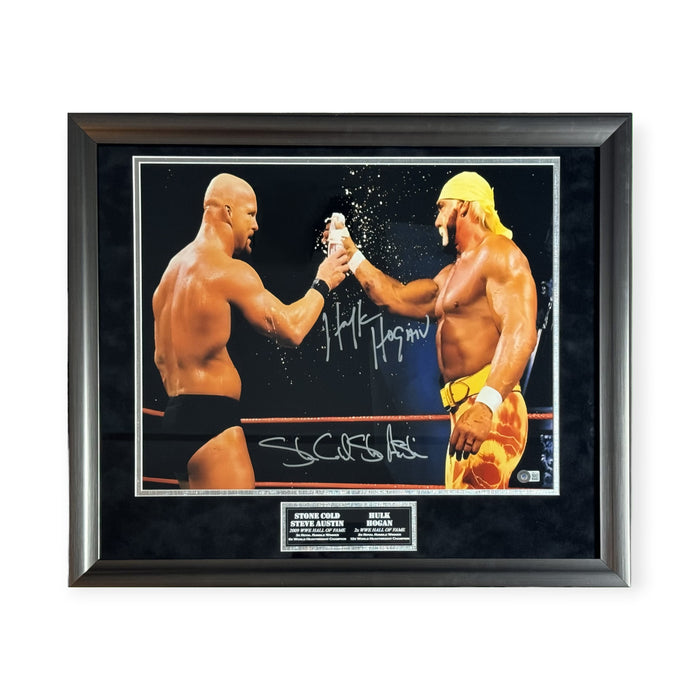 Stone Cold Steve Austin & Hulk Hogan WWE Autographed 16x20 Photo Framed To 23x27 Beckett