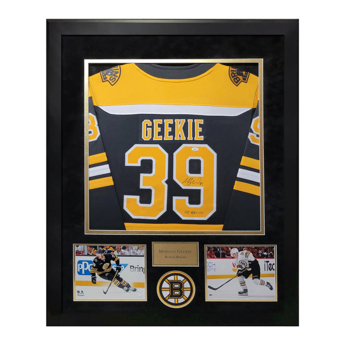 Morgan Geekie Boston Bruins Autographed Jersey w/ Go Bruins Inscription Framed to 32x40 JSA
