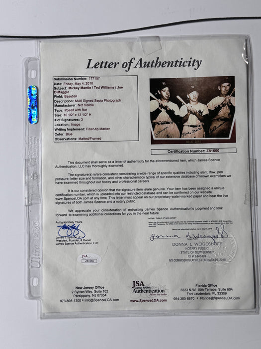 Mickey Mantle, Joe DiMaggio & Ted Williams Autographed Photo Framed To 21x23 JSA