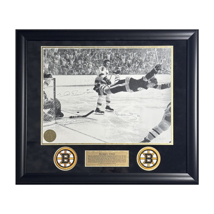 Bobby Orr, Noel Picard & Glenn Hall Autographed 16x20 Photo Framed to 23x27 JSA