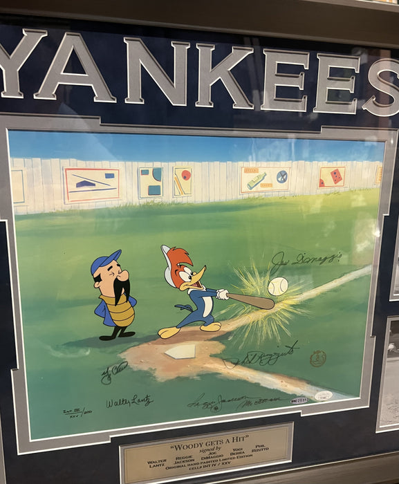 Walter Lantz, Reggie Jackson (w/ Inscription), Joe DiMaggio, Yogi Berra & Phil Rizutto Yankees Autographed LE "Woody Gets A Hit" Original Hand Painted Art UDA