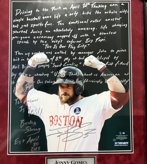 Jonny Gomes Boston Red Sox Autographed & Story Inscribed 16x20 Photo Framed to 23x27 Steiner