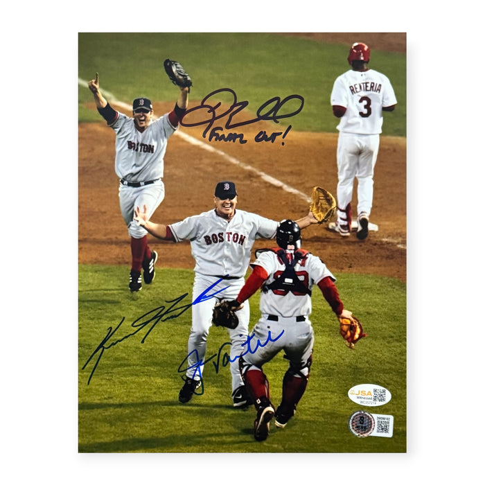 Jason Varitek, Keith Foulke, Doug Mientkiewicz Boston Red Sox Autographed 8x10 Photo w/ Final Out Inscription JSA