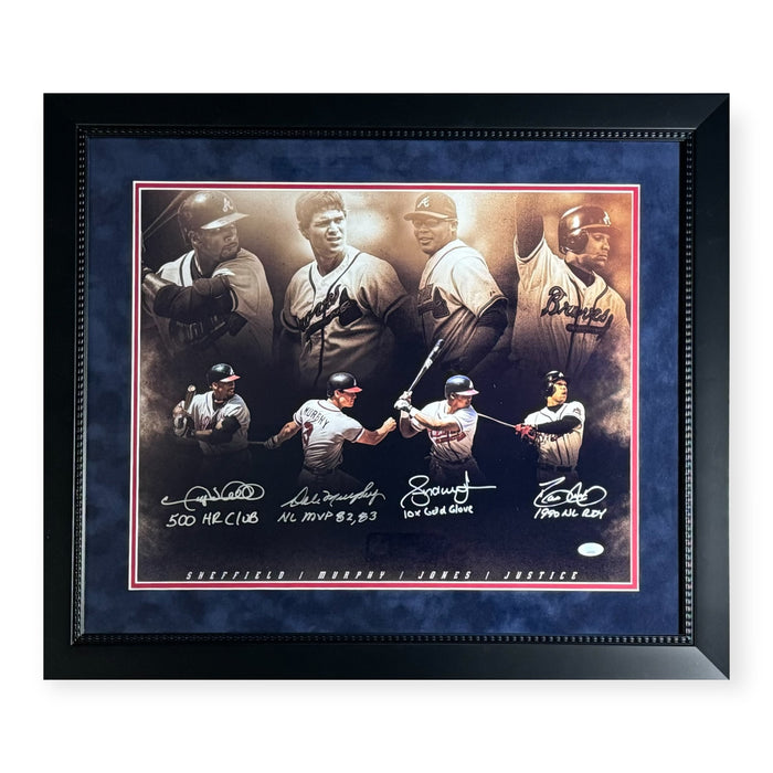 Gary Sheffield, Dale Murphy, Andrew Jones & David Justice Braves Autographed Inscribed 16x20 Photo Framed To 20x24 JSA