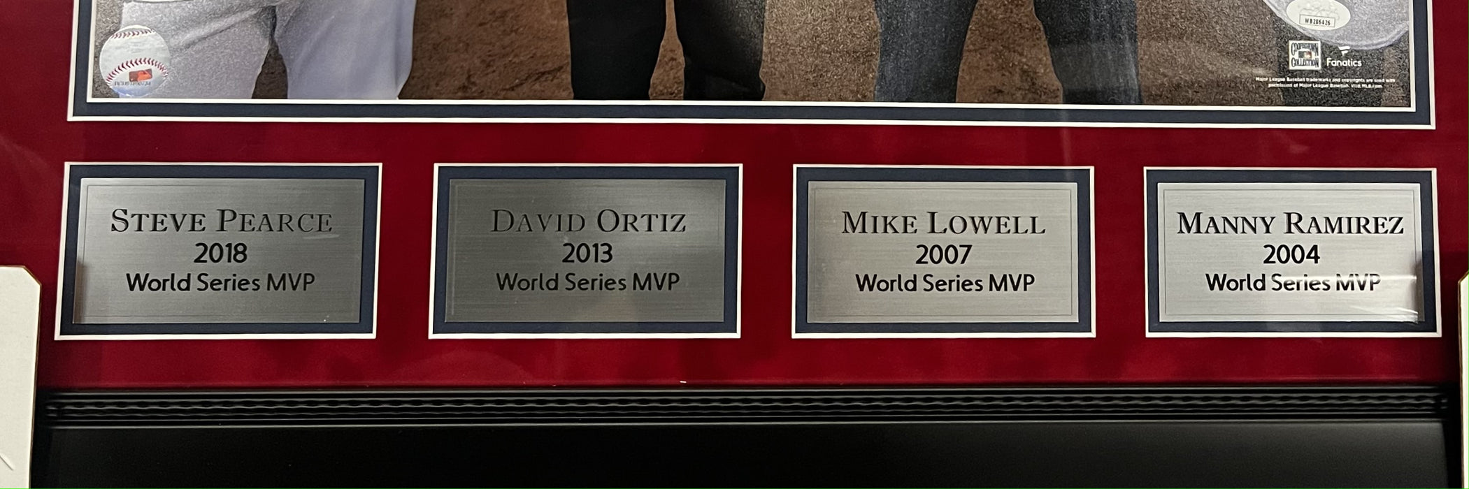 David Ortiz, Manny Ramirez, Mike Lowell & Steve Pearce Boston Red Sox Autographed World Series MVP's 16x20 Photo Framed to 26x27 JSA