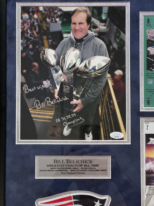 Bill Belichick New England Patriots Autographed Photo w/ Inscriptions Collage Framed to 21x25 JSA