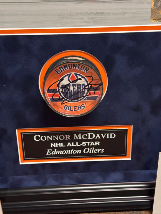 Connor McDavid Edmonton Oilers Autographed Hockey Puck Collage Framed To 14x23 Fanatics