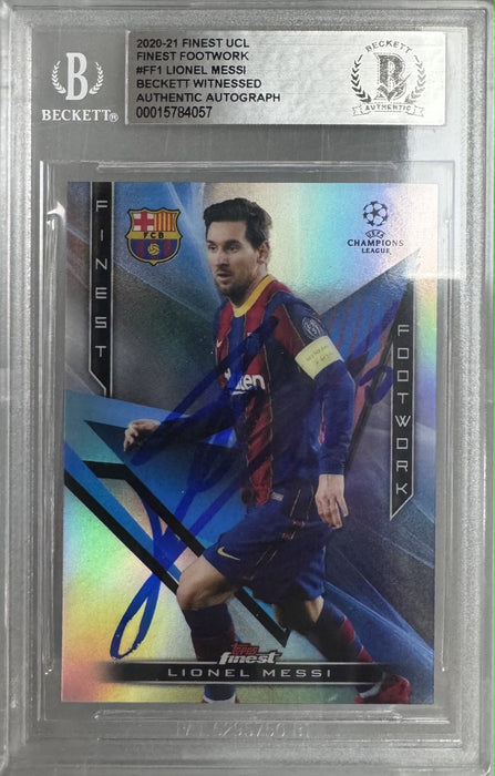 Lionel Messi Autographed 2020-21 Topps Finest Footwork Card Collage Framed To 23×27 Beckett Auth Auto