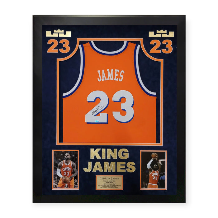 Lebron James Cleveland Cavaliers Autographed Orange Hardwood Classic Jersey Framed to 32x40 UDA