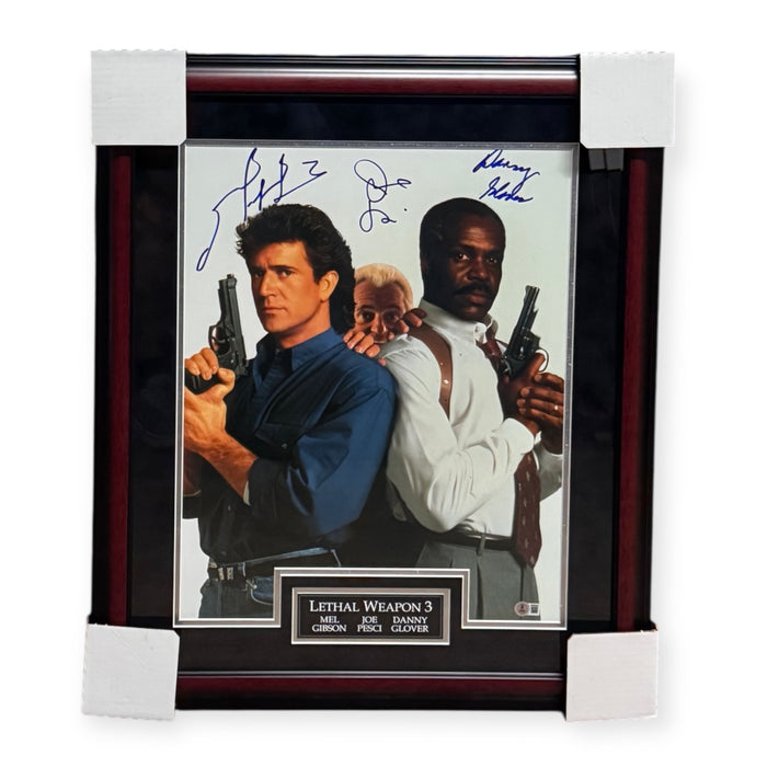 Mel Gibson, Joe Pesci & Danny Glover "Lethal Weapon 3" Autographed 16x20 Photo Framed To 23x27 Beckett