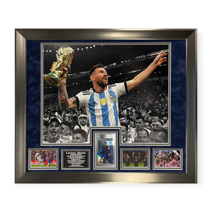 Lionel Messi Autographed 2020-21 Topps Finest Footwork Card Collage Framed To 23×27 Beckett Auth Auto