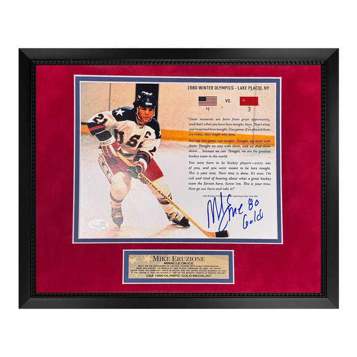 Mike Eruzione USA Hockey Autographed 8x10 Photo w/ 80 Gold Inscription Framed to 11x14 JSA