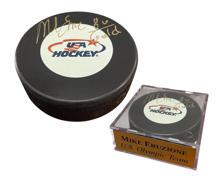 Mike Eruzione USA Hockey Autographed Puck w/ 80 Gold Inscription NEP