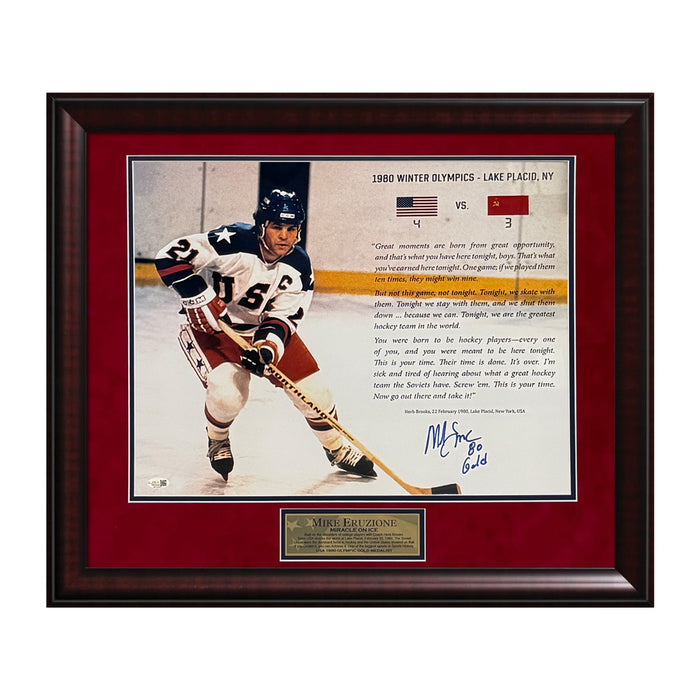 Mike Eruzione USA Hockey Autographed 16x20 Photo w/ 80 Gold Inscription Framed to 23x27 JSA