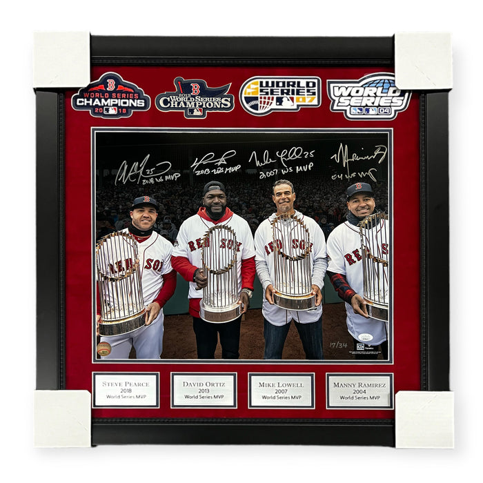 David Ortiz, Manny Ramirez, Mike Lowell & Steve Pearce Red Sox Autographed World Series MVP's Inscribed 16x20 Photo Framed to 26x27 LE /34 JSA