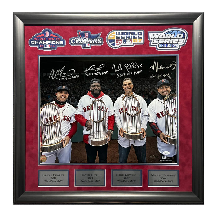 David Ortiz, Manny Ramirez, Mike Lowell & Steve Pearce Red Sox Autographed World Series MVP's Inscribed 16x20 Photo Framed to 26x27 LE /34 JSA