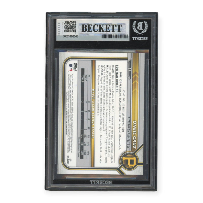 Oneil Cruz Pittsburgh Pirates Autographed 2022 Topps Bowman Rookie RC #51 BGS Authentic