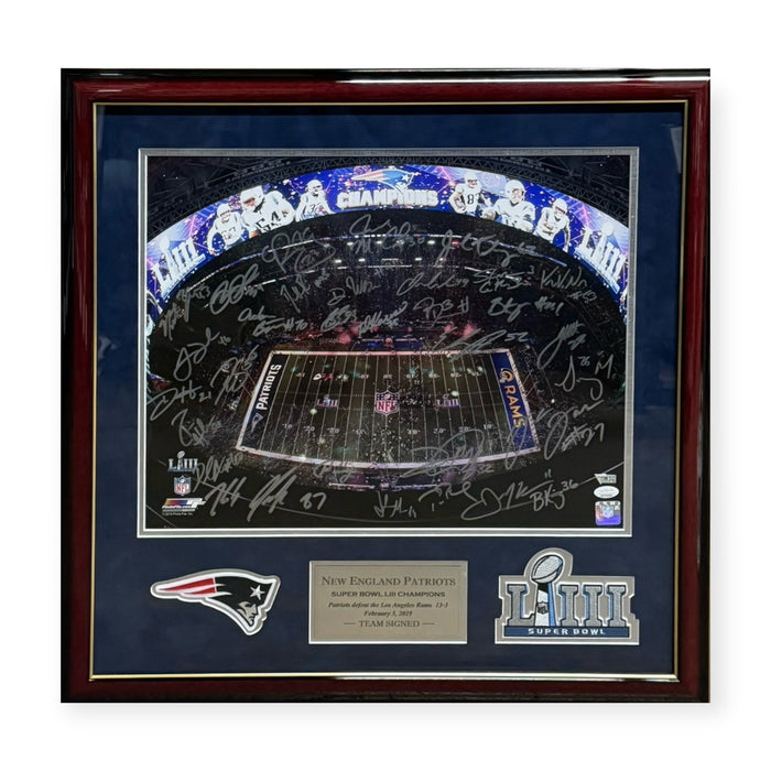 New England Patriots Super Bowl LIII Team Autographed 16x20 Photo Framed To 23x27 JSA