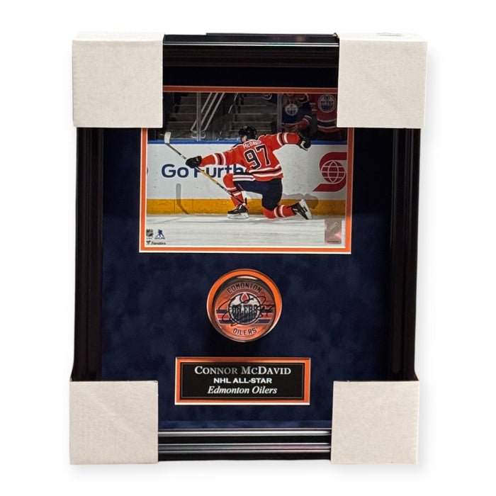Connor McDavid Edmonton Oilers Autographed Hockey Puck Collage Framed To 14x23 Fanatics