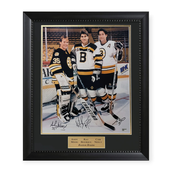 Andy Moog, Ray Bourque & Cam Neely Boston Bruins Autographed 16x20 Photo Framed to 23x27 NEP