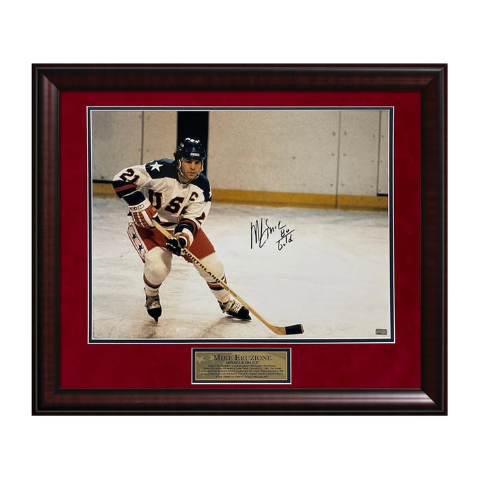 Mike Eruzione USA Hockey Autographed 16x20 Photo w/ 80 Gold Inscription Framed to 23x27 NEP
