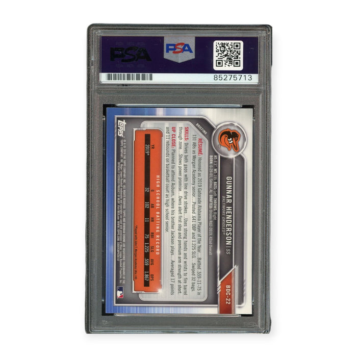 Gunnar Henderson On Card Autographed 2019 Bowman Draft Chrome RC Rookie PSA 10 Auto Grade