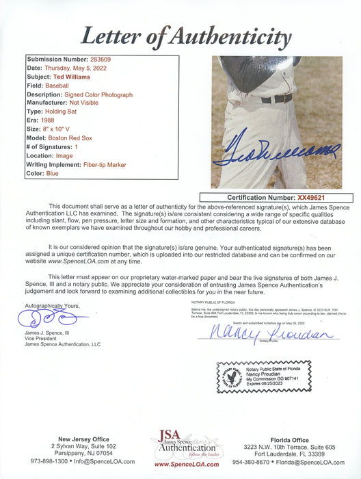 Ted Williams Boston Red Sox Autographed 8x10 Photo JSA