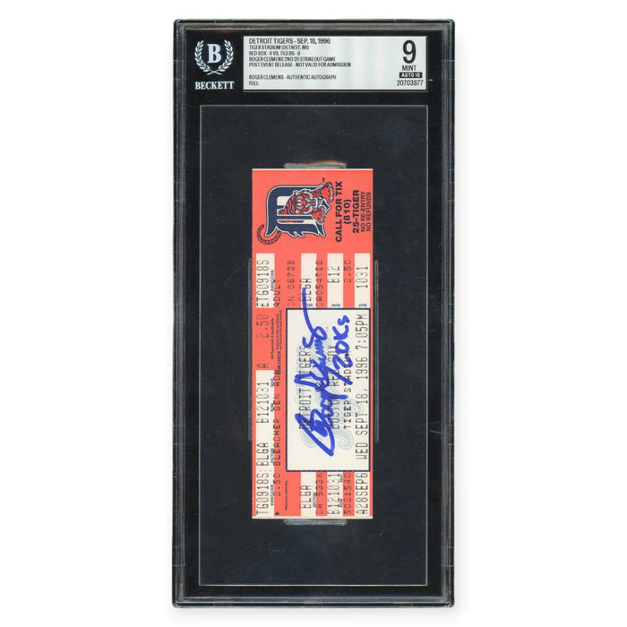 Roger Clemens Boston Red Sox Autographed 1996 20 Strikeout Game Ticket w/ 20ks Inscription - Graded BGS 9 w/ 10 Auto Grade