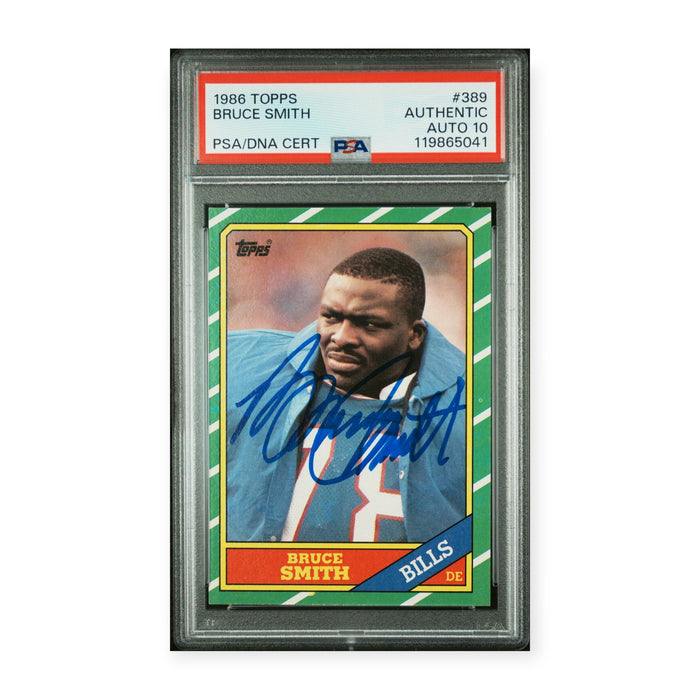Bruce Smith On Card Autographed 1986 Topps #389 Rookie RC PSA 10 Auto Grade